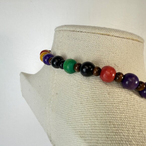Colorful Rainbow Wooden Bead Necklace Long Length Statement - Picture 6 of 7